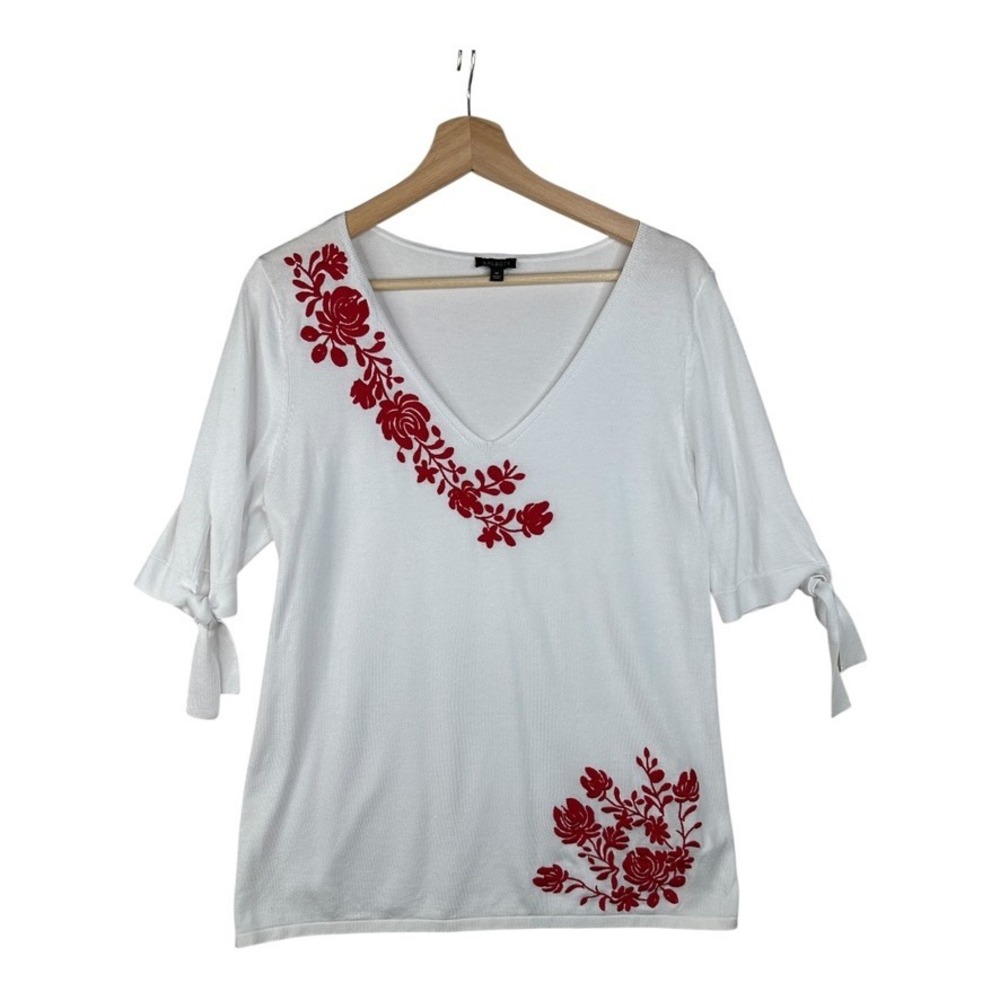 Talbots Womens T-Shirt White Red Floral Embroidered Short Sleeve Knit V Neck‎ M
